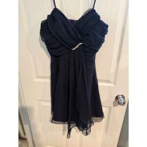 Brunella Vintage Navy Blue Chiffon Ruched Rhinestone Mini Cocktail Dress Size M